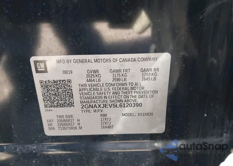 2020 Chevrolet Equinox Fwd 2Fl z USA, uszkodzony, nr VIN 2GNAXJEV5L6120390